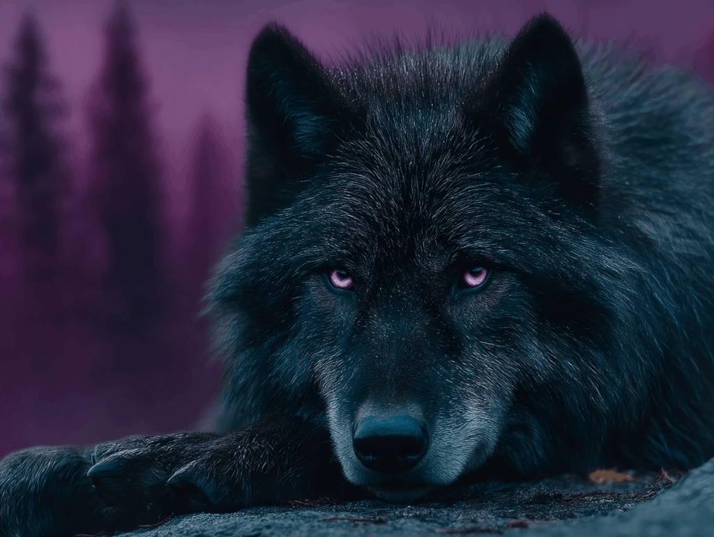 چشمان درخشان گرگ سیاه در تاریکی