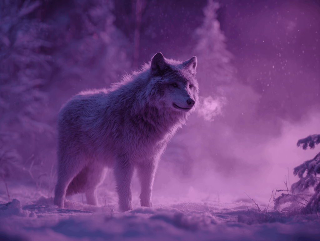 گرگ خاکستری در جنگل برفی